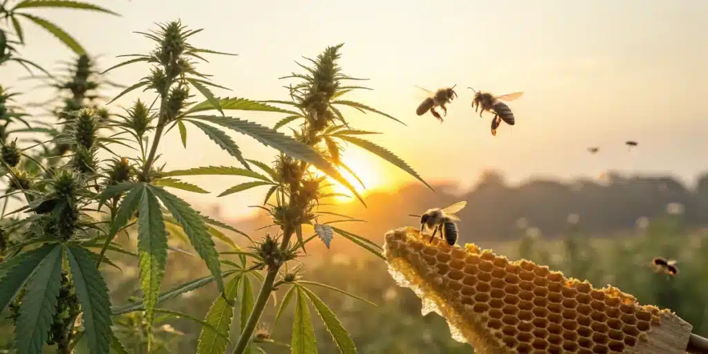 Honeycomb and bees near hemp plants for canna bees honey
