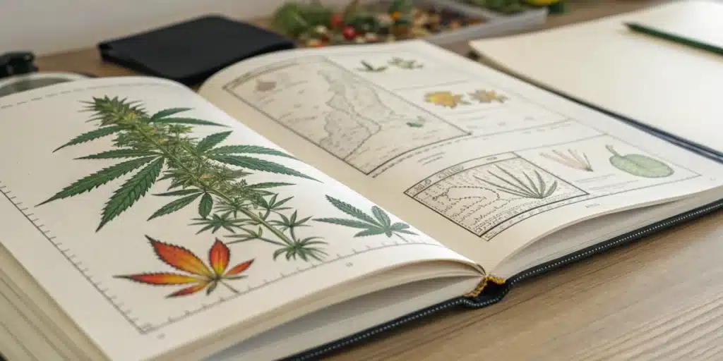 Realistic close-up of an open cannabis growing book featuring detailed cultivation diagrams and practical tips.