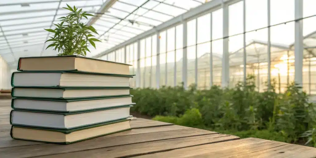 Realistic image showing best cannabis growing books displayed on a table with a greenhouse backdrop.