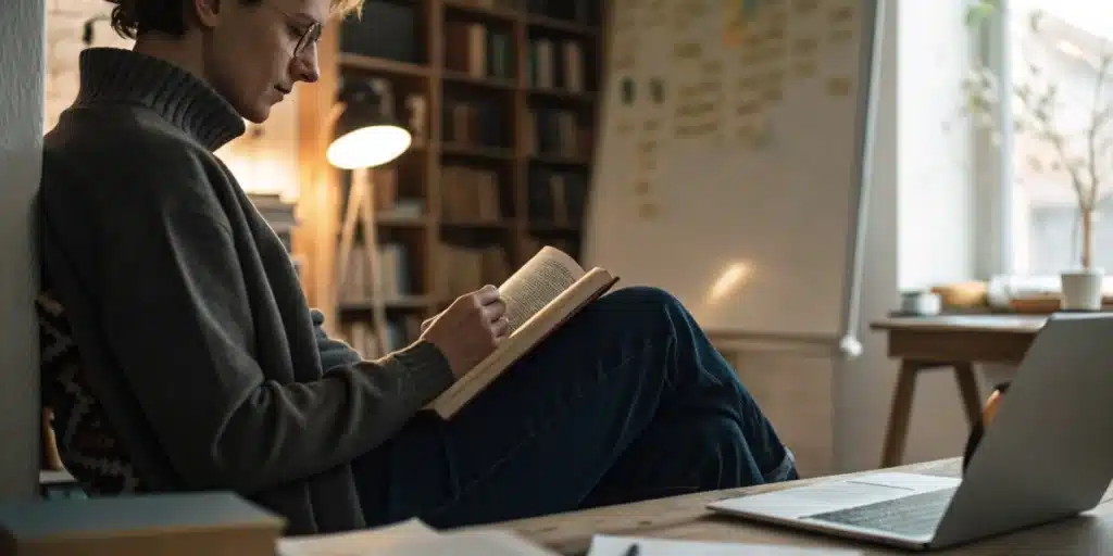 Realistic photo of an individual studying cannabis growing books in a bright, comfortable reading area.