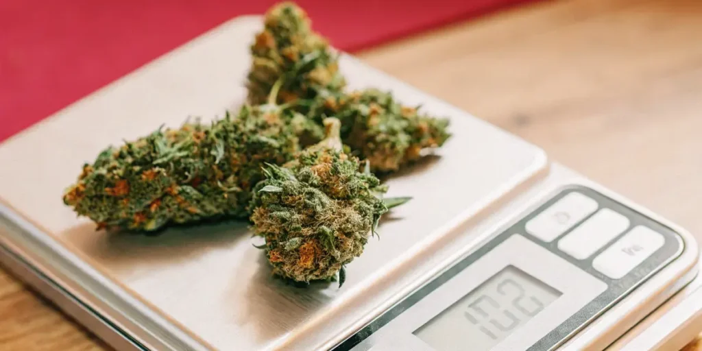 Hyper-realistic close-up of cannabis buds on a digital precision scale displaying "10.2", with blurred background.