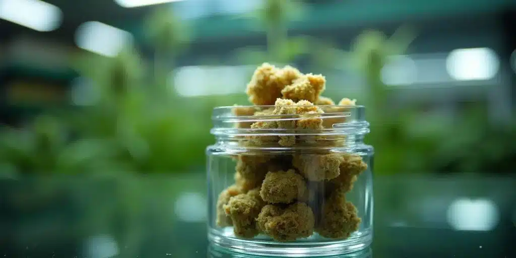 Dried cannabis buds in glass jar used for live budder production.