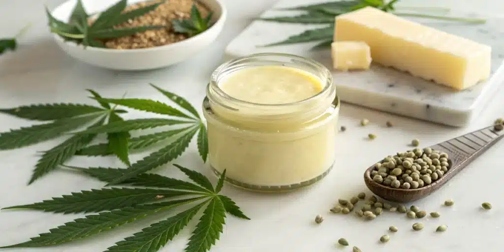 Realistic image of a jar of marijuana butter made from leaves, showcasing the final product alongside natural ingredients.