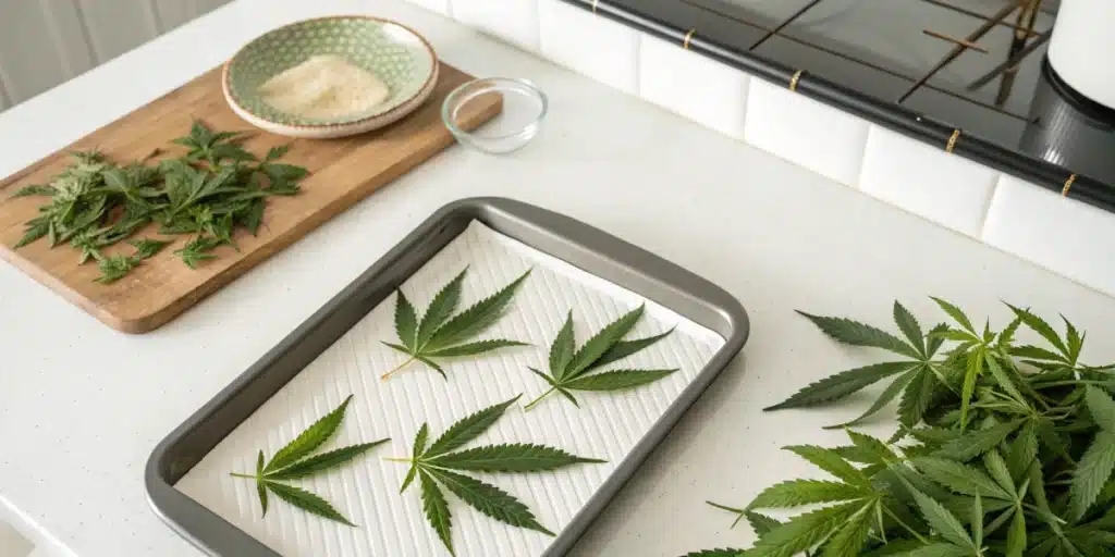 Realistic kitchen scene showing cannabis leaves prepared for making marijuana butter from leaves.