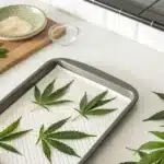 Realistic kitchen scene showing cannabis leaves prepared for making marijuana butter from leaves.
