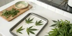 Realistic kitchen scene showing cannabis leaves prepared for making marijuana butter from leaves.