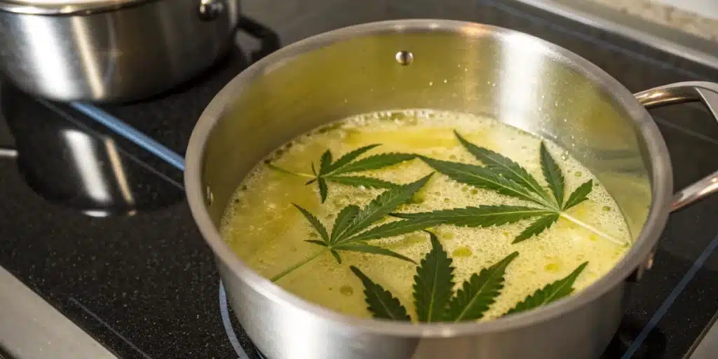 Realistic view of the infusion process for making marijuana butter from leaves in a saucepan.