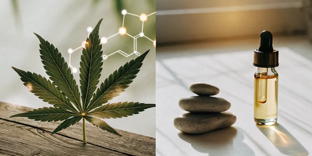 Hyper-realistic split-screen image: cannabis leaf with glowing molecular structure (left), and a balanced stack of stones beside a CBD oil dropper bottle (right).