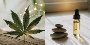 Hyper-realistic split-screen image: cannabis leaf with glowing molecular structure (left), and a balanced stack of stones beside a CBD oil dropper bottle (right).