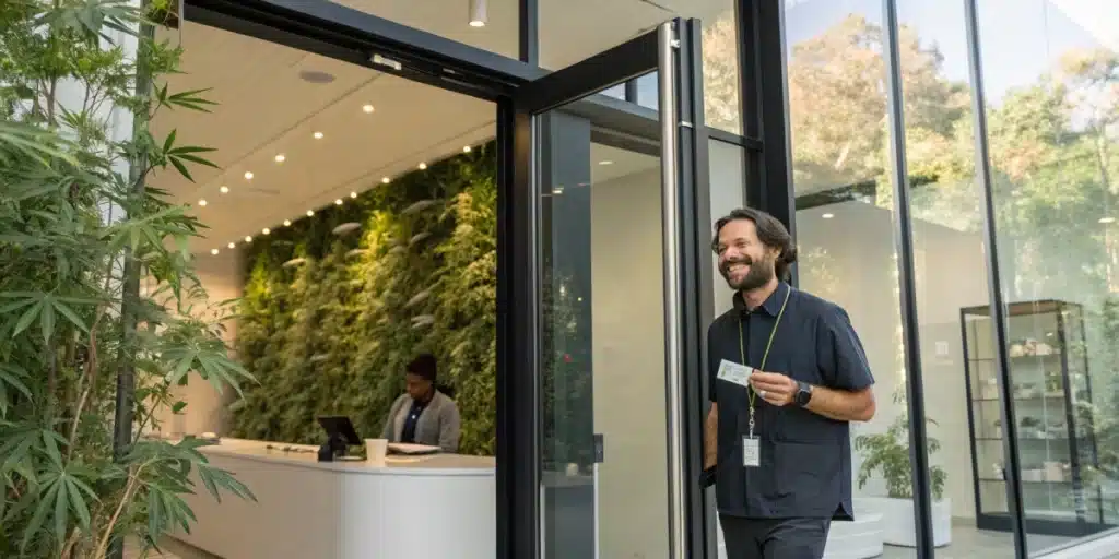 Realistic scene of a customer verifying age at a California cannabis dispensary, illustrating the legal buying process.