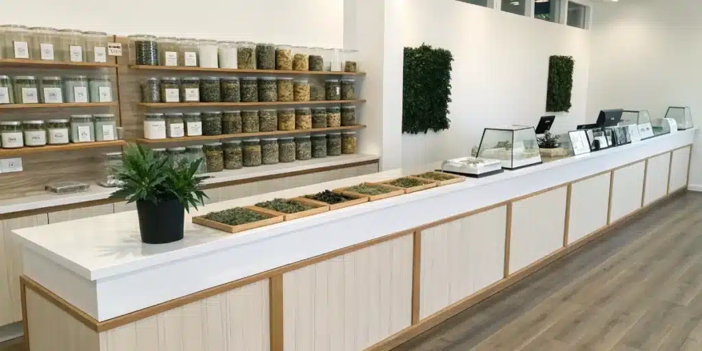 Realistic image of a cannabis retail counter in California showcasing products and legal guidelines for buying weed.