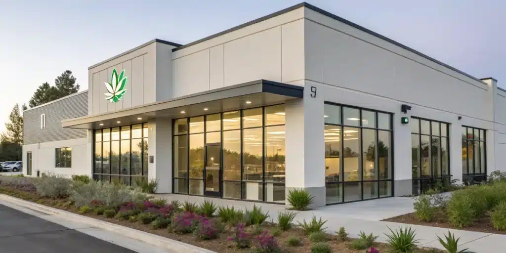 Realistic image of a licensed California cannabis dispensary with visible signage for legal weed purchase.