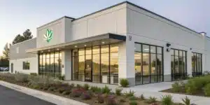 Realistic image of a licensed California cannabis dispensary with visible signage for legal weed purchase.