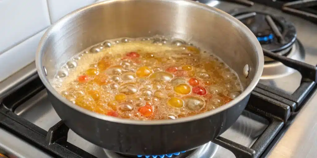 Realistic view of a simmering candy mixture on a stove, illustrating the precise cooking process for cannabis hard candy.