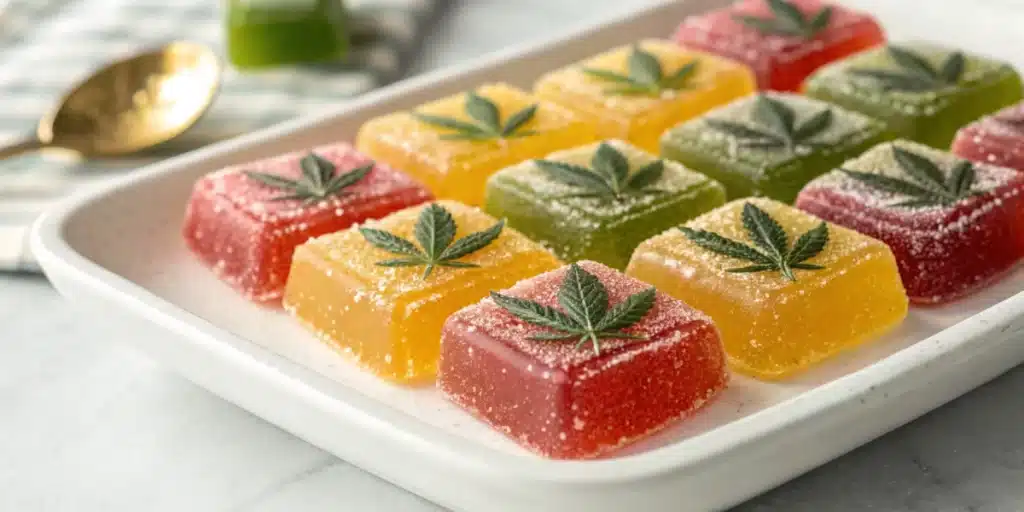 Realistic image of vibrant cannabis hard candy pieces on a plate, showcasing the final product of a detailed recipe.