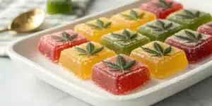 Realistic image of vibrant cannabis hard candy pieces on a plate, showcasing the final product of a detailed recipe.