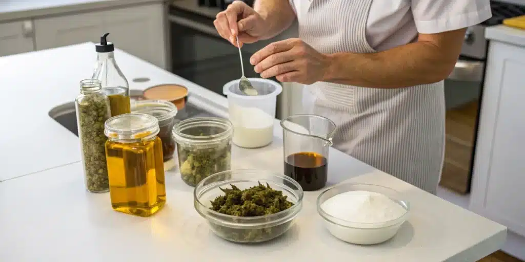Realistic image of ingredients for cannabis hard candy recipe being measured, including cannabis extract and sugar in a home kitchen.