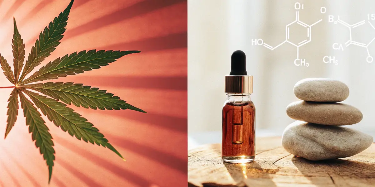 Hyper-realistic split-screen image: cannabis leaf (left), and a CBD oil dropper bottle with stacked stones and chemical structures on a wooden surface (right).