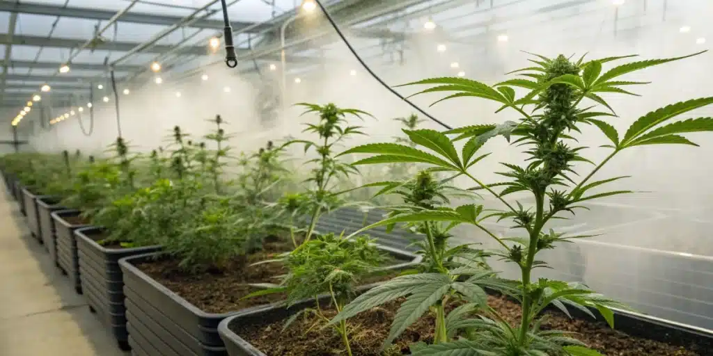 Large cannabis cloning operation with rows of plants in black pots under a misting system in a greenhouse.