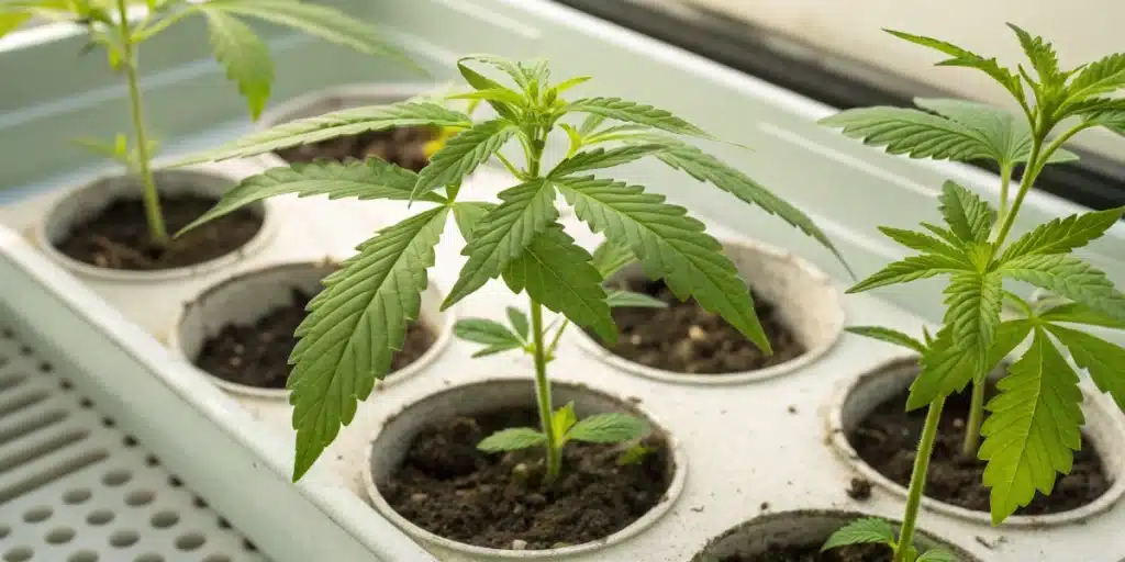 Close-up of healthy cannabis clone seedlings growing in individual white propagation trays.