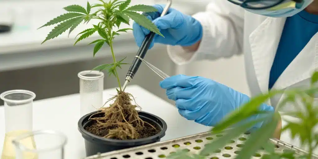 Scientist in gloves and mask examining cannabis clone roots in a pot, with lab equipment.