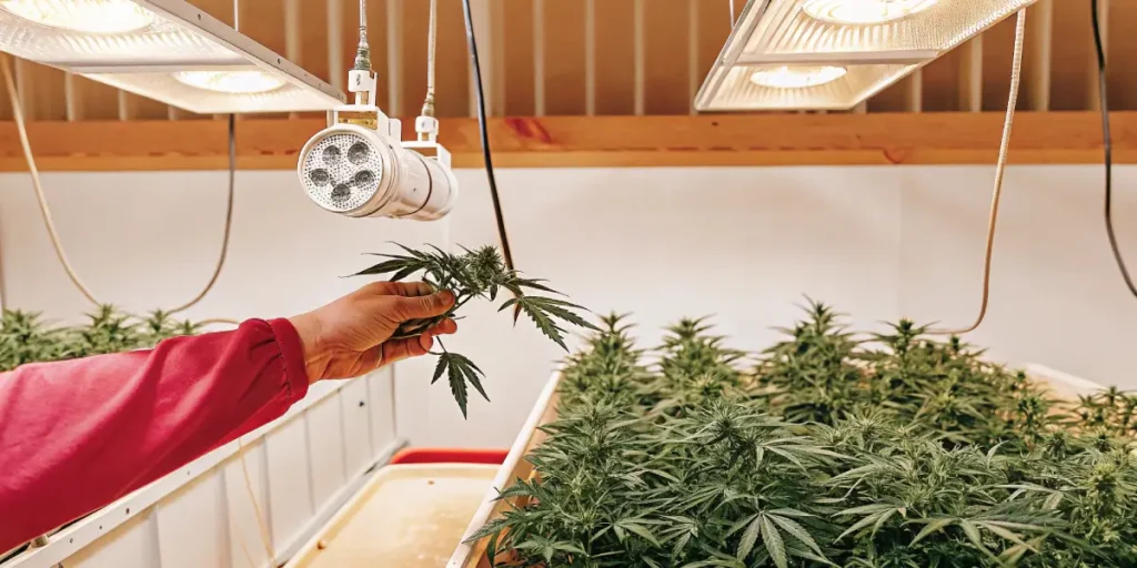 Person in white coat and mask tending to cannabis plants under grow lights in a busy indoor farm.