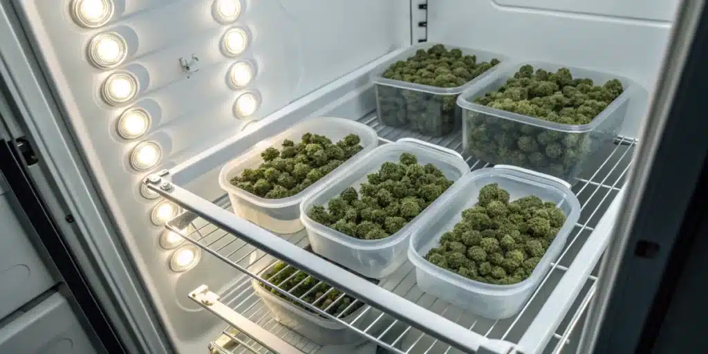 Gloved hand placing green cannabis buds into a glass jar on a metal table, with other jars of buds.