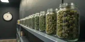 long row of glass jars filled with cured cannabis flower on a shelf in a dark room.