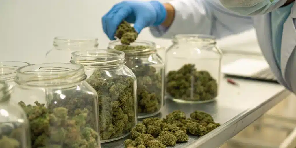 Open refrigerator filled with plastic containers of green cannabis buds on shelves.