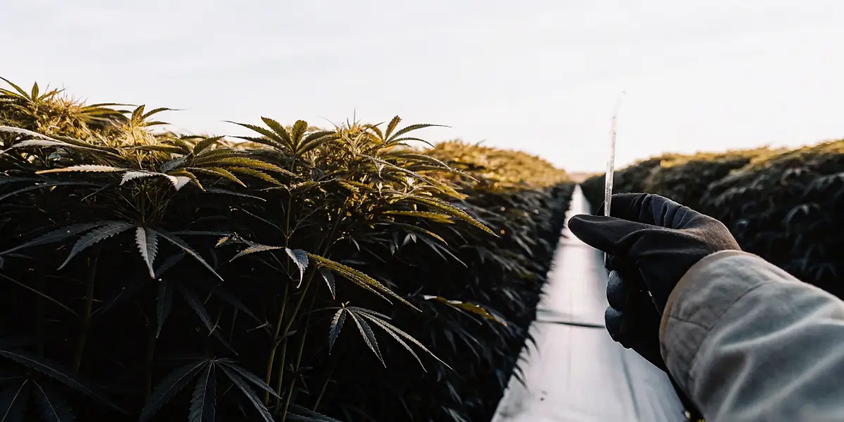 Gloved hand holding a clear sample tube in a long row of outdoor cannabis plants.
