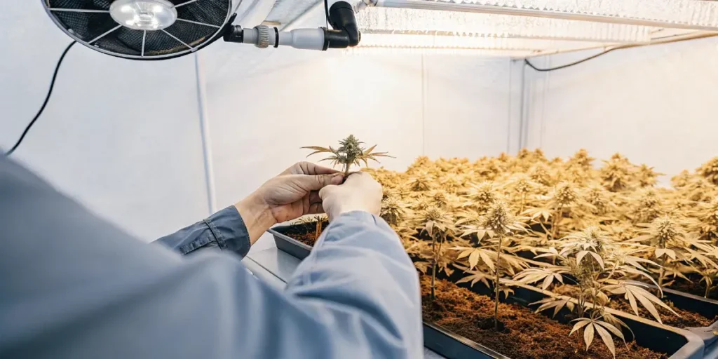 Hands in blue sleeves carefully clipping a cannabis plant in an indoor grow room.