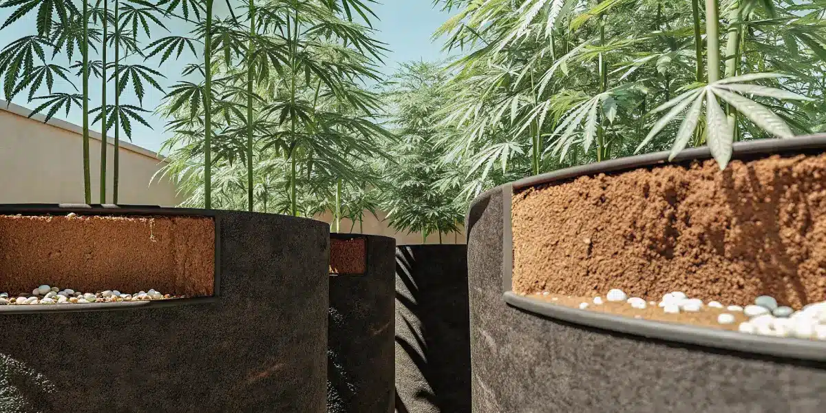 Hyper-realistic image of potted cannabis plants with exposed soil and an irrigation drip line, viewed from a low angle.