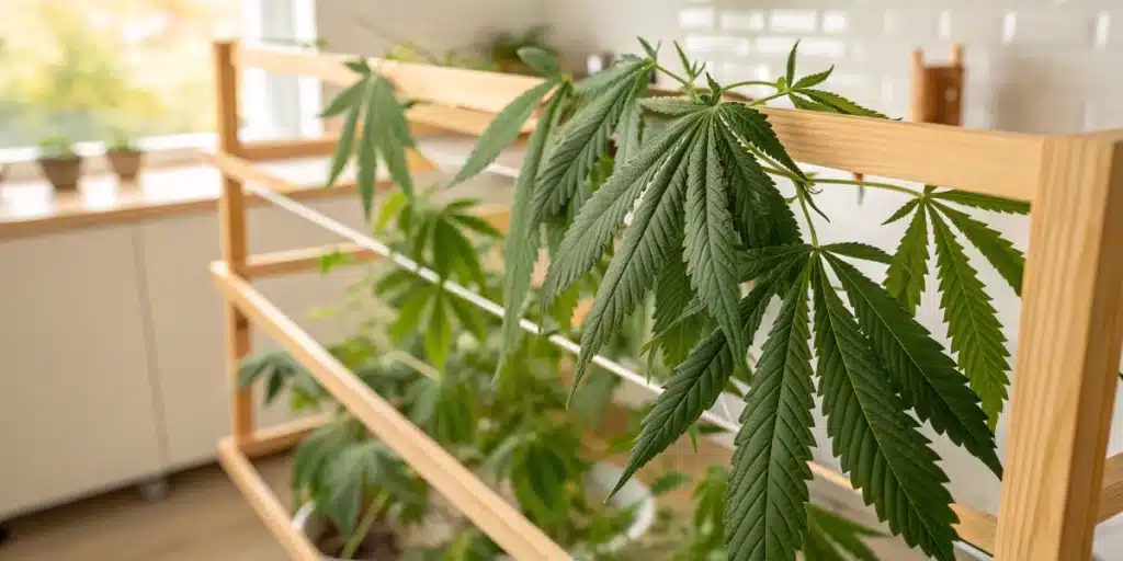 Cannabis leaves spread out on a drying rack in a sunlit kitchen, illustrating Can You Eat Cannabis Leaves? Benefits and Preparation Tips