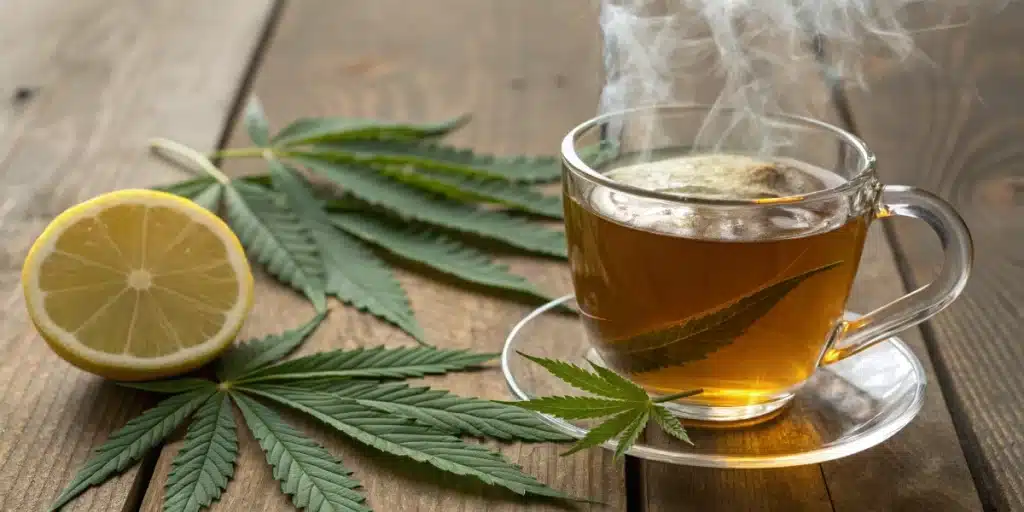 A clear glass mug of cannabis leaf tea with fresh leaves and lemon slice showcasing Can You Eat Cannabis Leaves? Benefits and Preparation Tips
