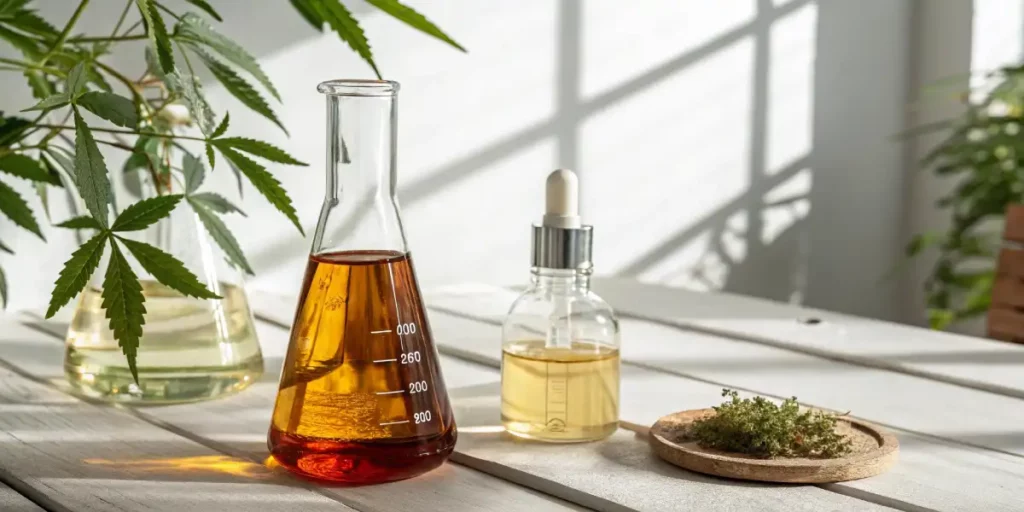 Cannabis oil in a beaker and a dropper bottle, along with fresh cannabis leaves, placed on a wooden table.