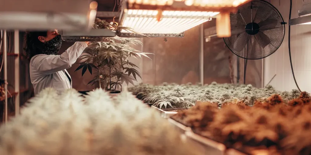 Hand in red sleeve holding cannabis branch for inspection under bright indoor grow lights.