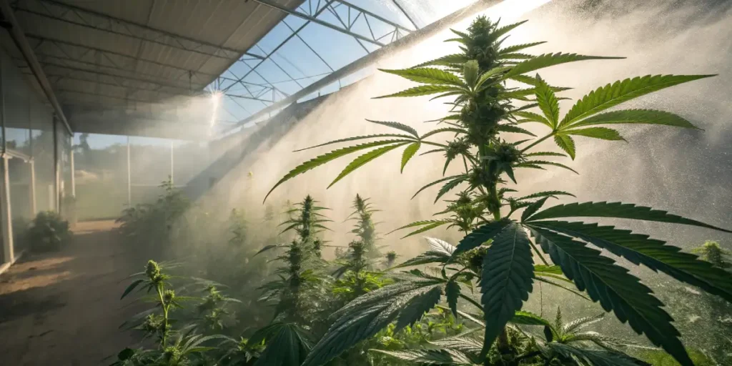 Cannabis plant undergoing transpiration in a greenhouse, with mist around the plants.