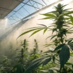 Cannabis plant undergoing transpiration in a greenhouse, with mist around the plants.
