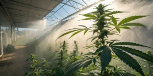 Cannabis plant undergoing transpiration in a greenhouse, with mist around the plants.