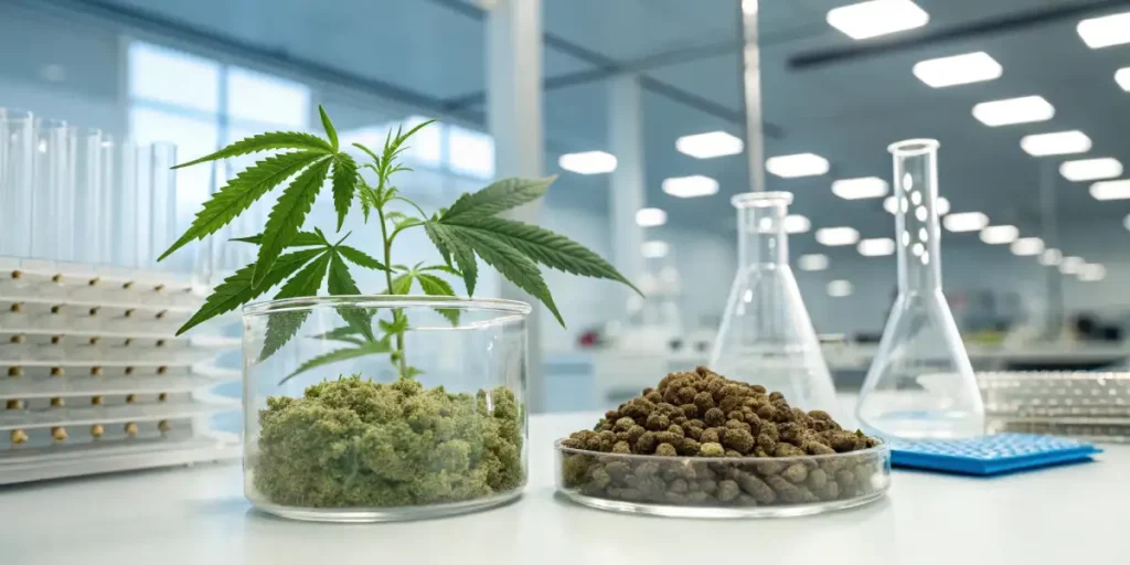 A cannabis plant with dried buds and extracts in a laboratory, surrounded by glassware and scientific equipment.