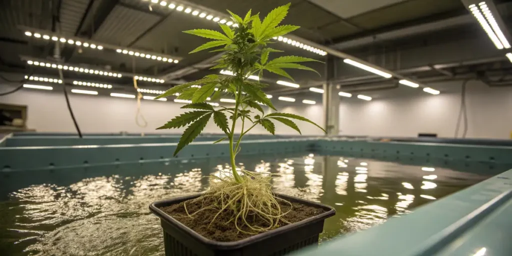 Cannabis plant in its early growth stage, with roots submerged in water in a controlled environment.