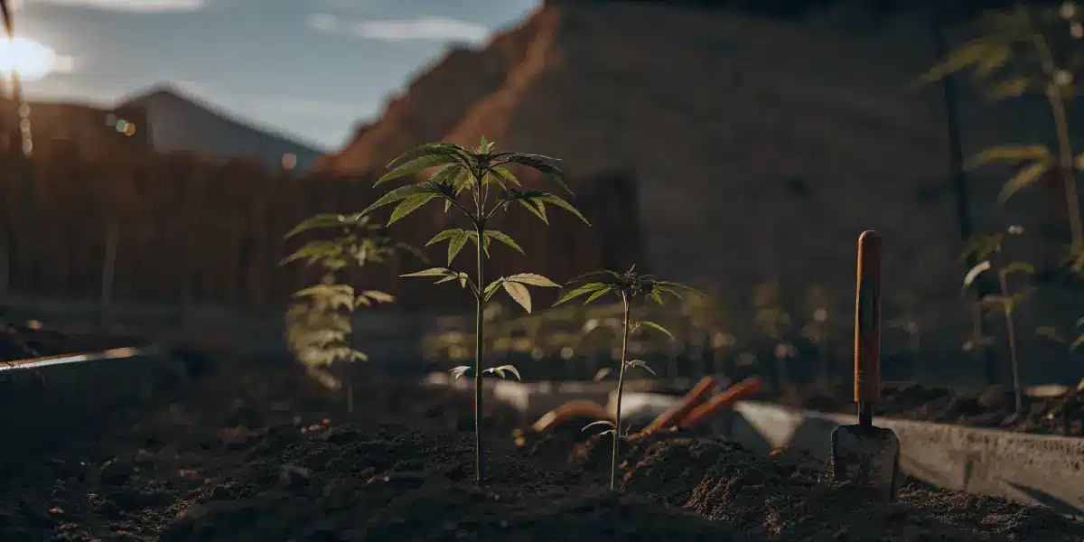 Hyper-realistic outdoor cannabis garden during early spring: young cannabis plants growing in rows, illuminated by dawn light, with distant hills and a gardening tool.