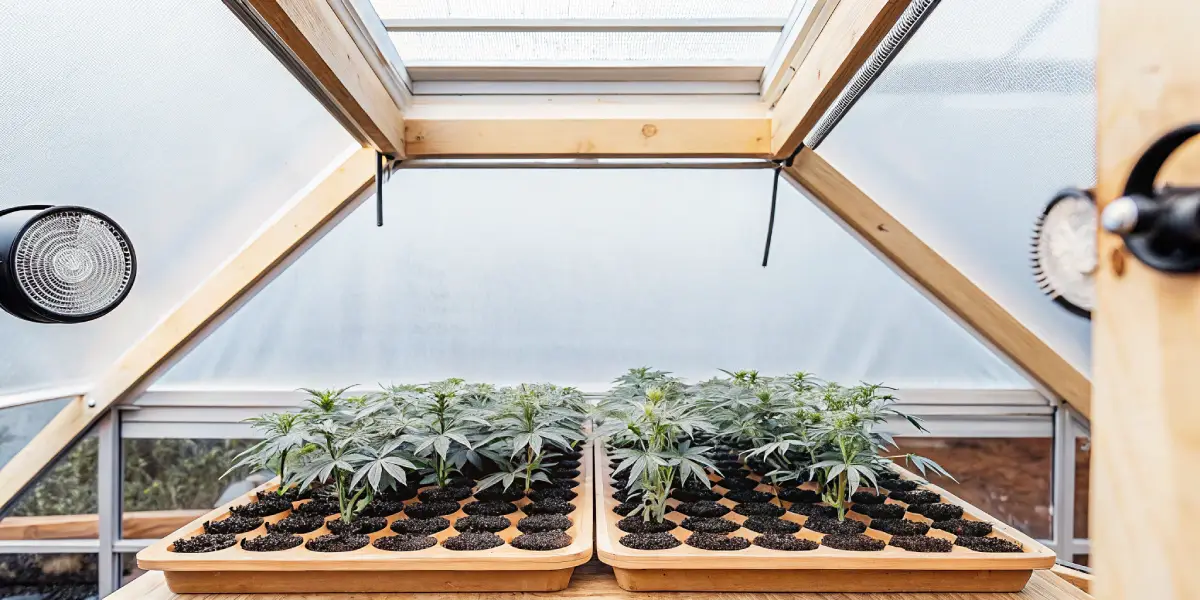 Hyper-realistic greenhouse interior with cannabis seedlings in two large trays under skylights.