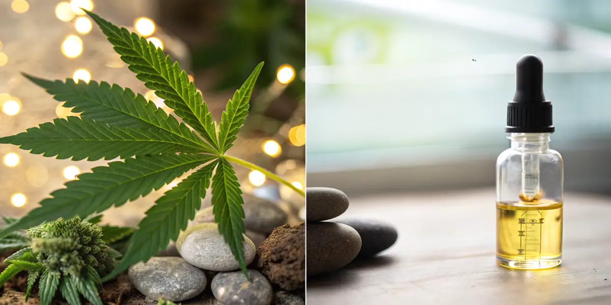 Hyper-realistic split-screen image: cannabis leaf on stones with blurred lights (left), and a CBD oil dropper bottle with stacked stones (right).