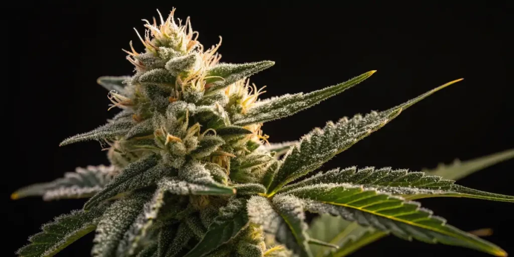 Cannabis bud covered in glistening trichomes against a dark background.
