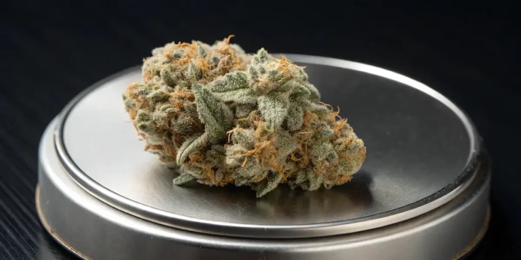Cannabis bud placed on a scale for weighing, displaying its frosty appearance.