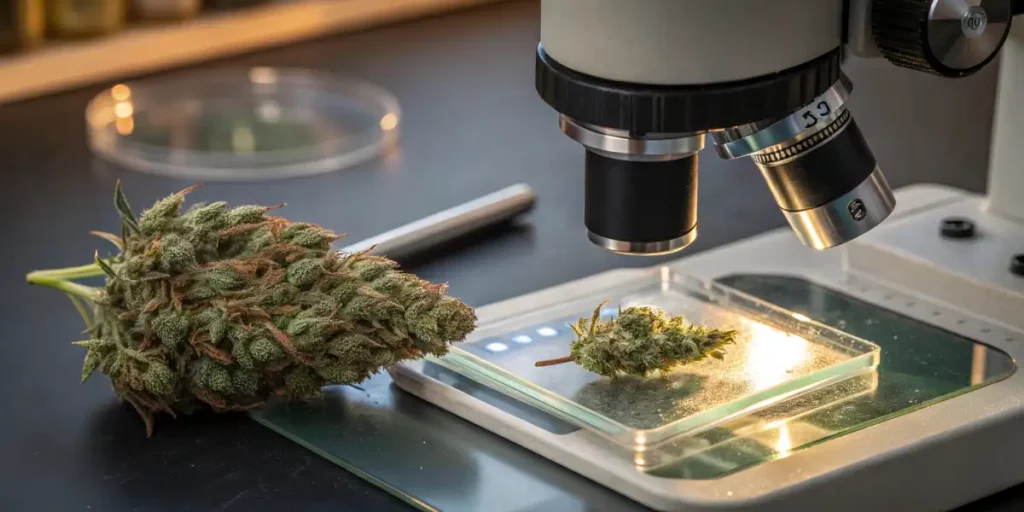 Cannabis bud placed under a microscope on a lab table for examination.