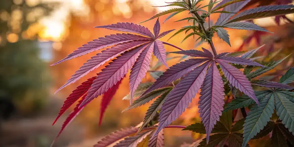 Cannabis colour change displayed on serrated purple and crimson leaves against a warm autumn background.
