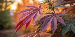 Cannabis colour change displayed on serrated purple and crimson leaves against a warm autumn background.