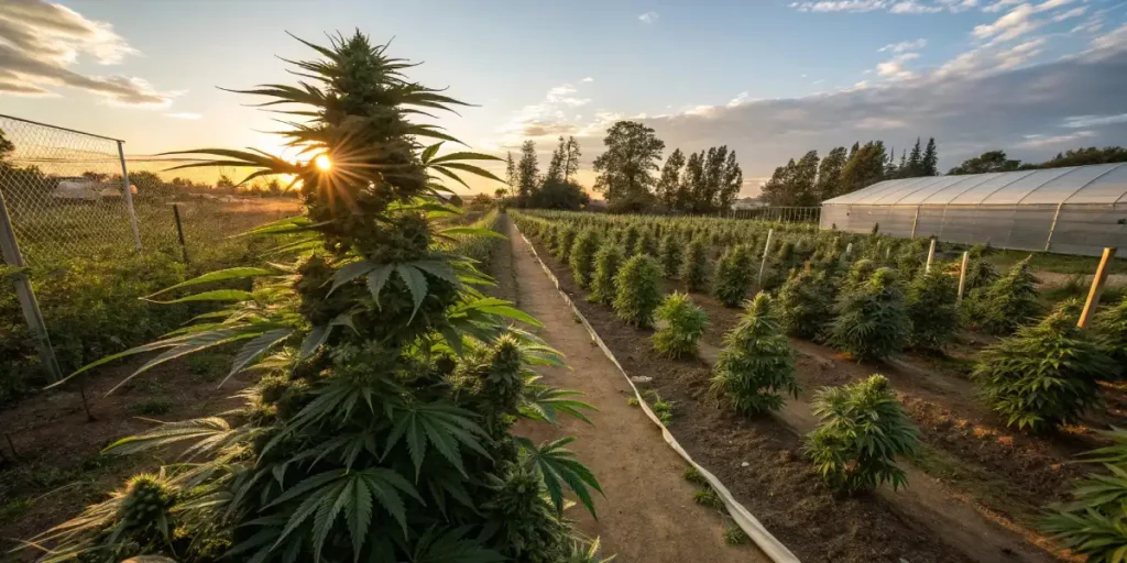 Cannabis field with tall plants and sunset in the background.